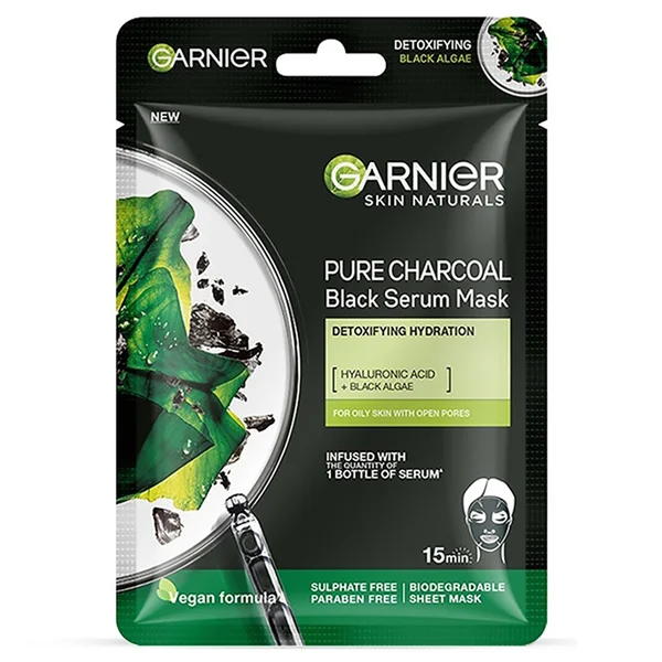 Garnier Pure Charcoal Black Serum Mask 28 gm | Hyaluronic Acid &amp; Black Algae | Helps In Skin Detoxifying &amp; Hydration | For Oily Skin, Pack of 1