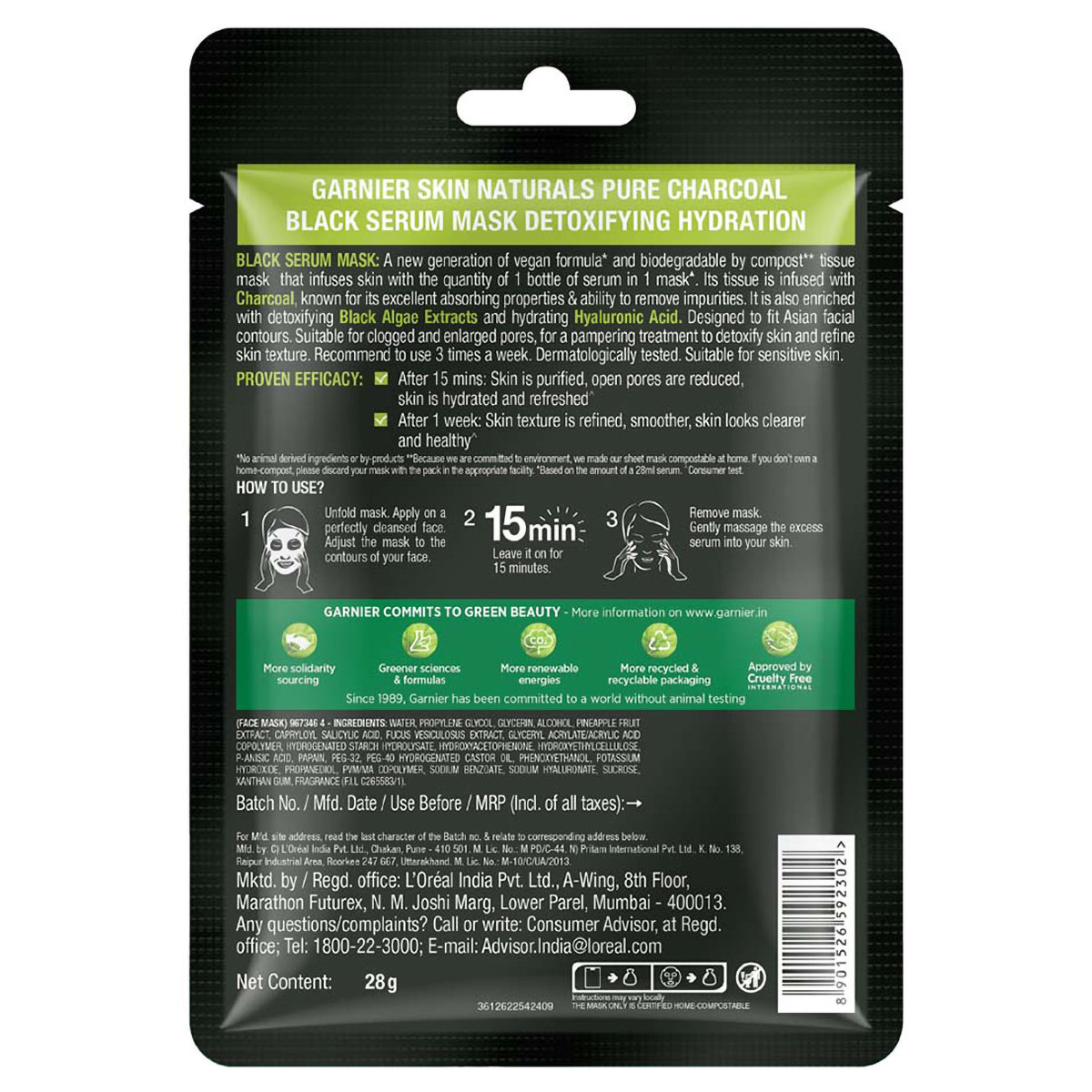 Garnier Pure Charcoal Black Serum Mask 28 gm | Hyaluronic Acid & Black Algae | Helps In Skin Detoxifying & Hydration | For Oily Skin, Pack of 1 Garnier Pure Charcoal Black Serum Mask 28 gm | Hyaluronic Acid & Black Algae | Helps In Skin Detoxifying & Hydration | For Oily Skin, Pack of 1