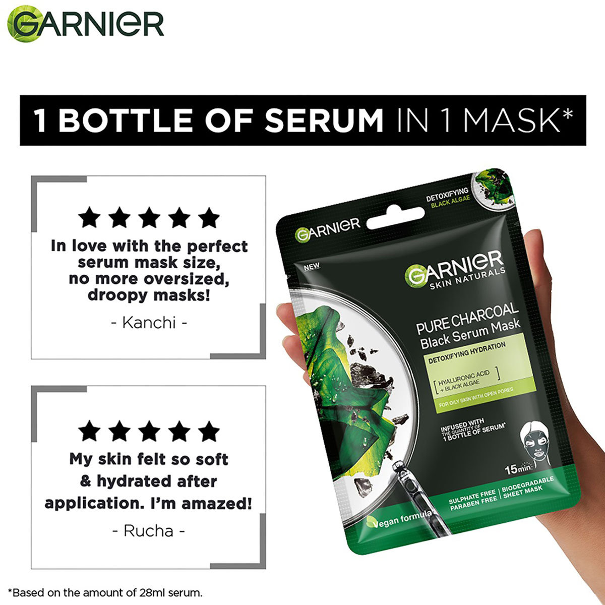 Garnier Pure Charcoal Black Serum Mask 28 gm | Hyaluronic Acid & Black Algae | Helps In Skin Detoxifying & Hydration | For Oily Skin, Pack of 1 Garnier Pure Charcoal Black Serum Mask 28 gm | Hyaluronic Acid & Black Algae | Helps In Skin Detoxifying & Hydration | For Oily Skin, Pack of 1