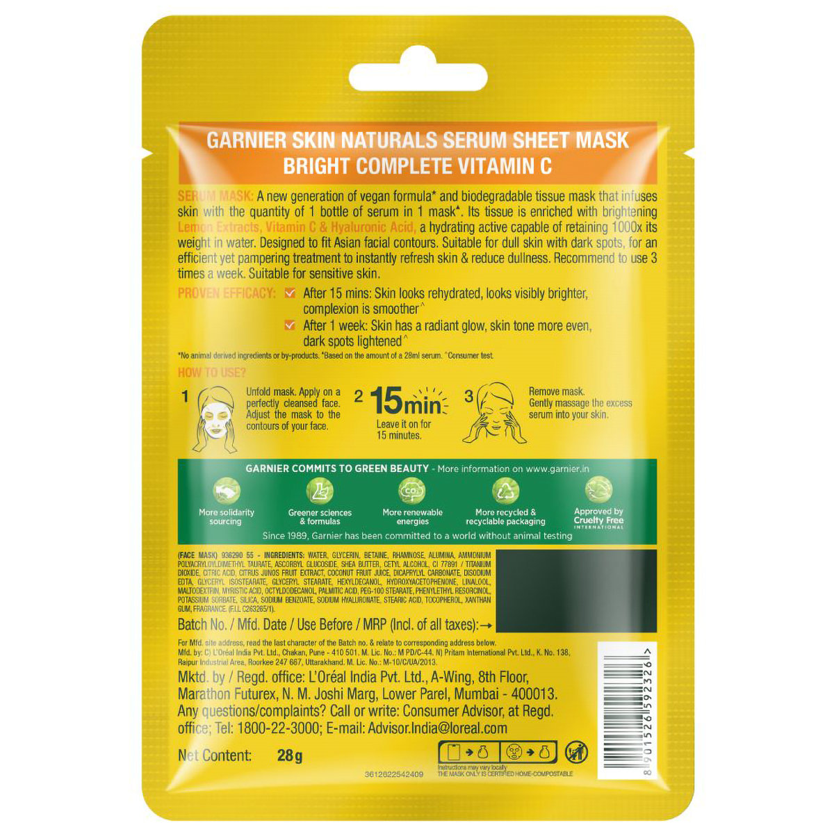 Garnier Bright Complete Vitamin C Serum Sheet Mask, 28 gm, Pack of 1 Garnier Bright Complete Vitamin C Serum Sheet Mask, 28 gm, Pack of 1