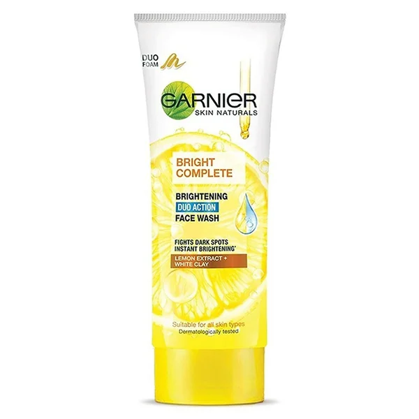 Garnier Bright Complete Brightening Duo Action Face Wash 100 gm | Lemon Extract &amp; White Clay | Instant Brightening | Combats Dark Spots | For All Skin Type, Pack of 1
