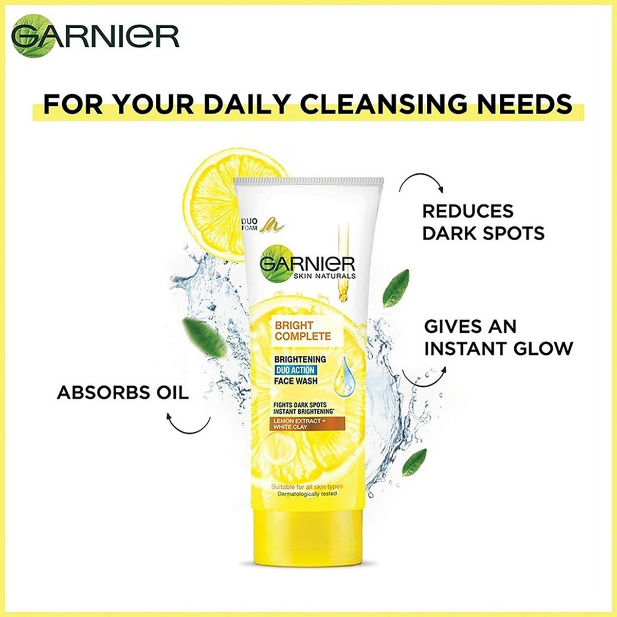 Garnier Bright Complete Brightening Duo Action Face Wash 100 gm | Lemon Extract & White Clay | Instant Brightening | Combats Dark Spots | For All Skin Type, Pack of 1 Garnier Bright Complete Brightening Duo Action Face Wash 100 gm | Lemon Extract & White Clay | Instant Brightening | Combats Dark Spots | For All Skin Type, Pack of 1