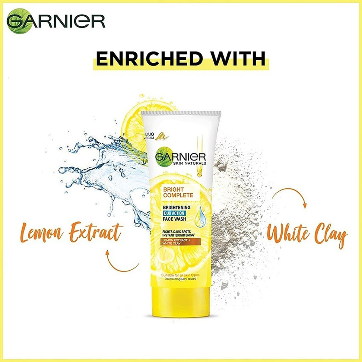 Garnier Bright Complete Brightening Duo Action Face Wash 100 gm | Lemon Extract & White Clay | Instant Brightening | Combats Dark Spots | For All Skin Type, Pack of 1 Garnier Bright Complete Brightening Duo Action Face Wash 100 gm | Lemon Extract & White Clay | Instant Brightening | Combats Dark Spots | For All Skin Type, Pack of 1