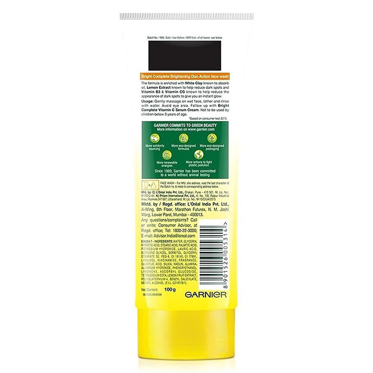 Garnier Bright Complete Brightening Duo Action Face Wash 100 gm | Lemon Extract & White Clay | Instant Brightening | Combats Dark Spots | For All Skin Type, Pack of 1 Garnier Bright Complete Brightening Duo Action Face Wash 100 gm | Lemon Extract & White Clay | Instant Brightening | Combats Dark Spots | For All Skin Type, Pack of 1