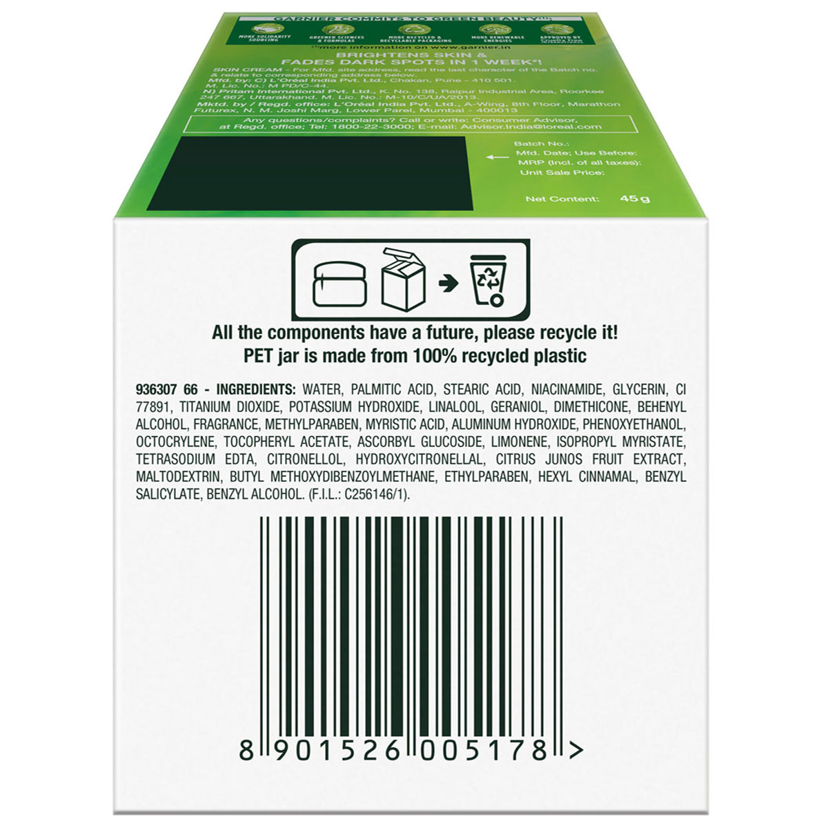 Garnier Bright Complete Vitamin C + Lemon Serum Cream, 45 gm, Pack of 1 Garnier Bright Complete Vitamin C + Lemon Serum Cream, 45 gm, Pack of 1