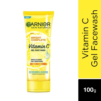 Garnier Bright Complete Vitamin C Gel Face Wash 100 gm| Vitamin C &amp; Lemon | Gentle Cleansing | Instant Brightening | Lightweight &amp; Non Sticky | For Sensitive Skin, Pack of 1