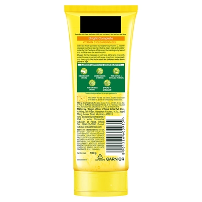 Garnier Bright Complete Vitamin C Gel Face Wash 100 gm| Vitamin C &amp; Lemon | Gentle Cleansing | Instant Brightening | Lightweight &amp; Non Sticky | For Sensitive Skin, Pack of 1