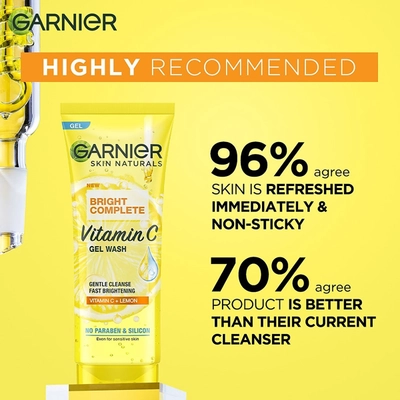 Garnier Bright Complete Vitamin C Gel Face Wash 100 gm| Vitamin C &amp; Lemon | Gentle Cleansing | Instant Brightening | Lightweight &amp; Non Sticky | For Sensitive Skin, Pack of 1