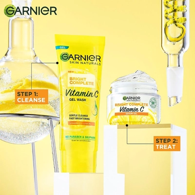 Garnier Bright Complete Vitamin C Gel Face Wash 100 gm| Vitamin C &amp; Lemon | Gentle Cleansing | Instant Brightening | Lightweight &amp; Non Sticky | For Sensitive Skin, Pack of 1