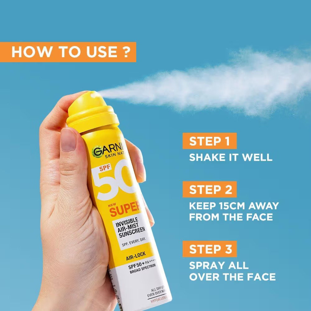 Garnier Super UV Invisible Air Mist SPF 50+ PA++++ Sunscreen, 75 ml, Pack of 1 Garnier Super UV Invisible Air Mist SPF 50+ PA++++ Sunscreen, 75 ml, Pack of 1