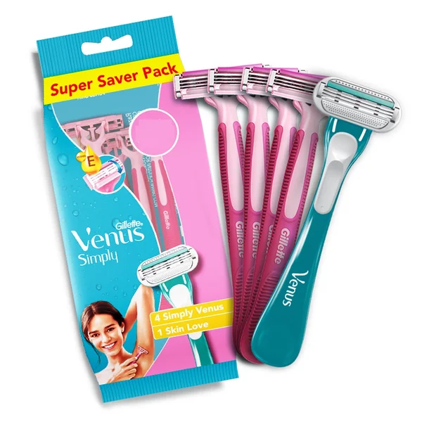 Gillette Simply Venus Hair Removal Razor for Women, 5 Count (4 simply Venus &amp; 1 Skin Love), Pack of 1
