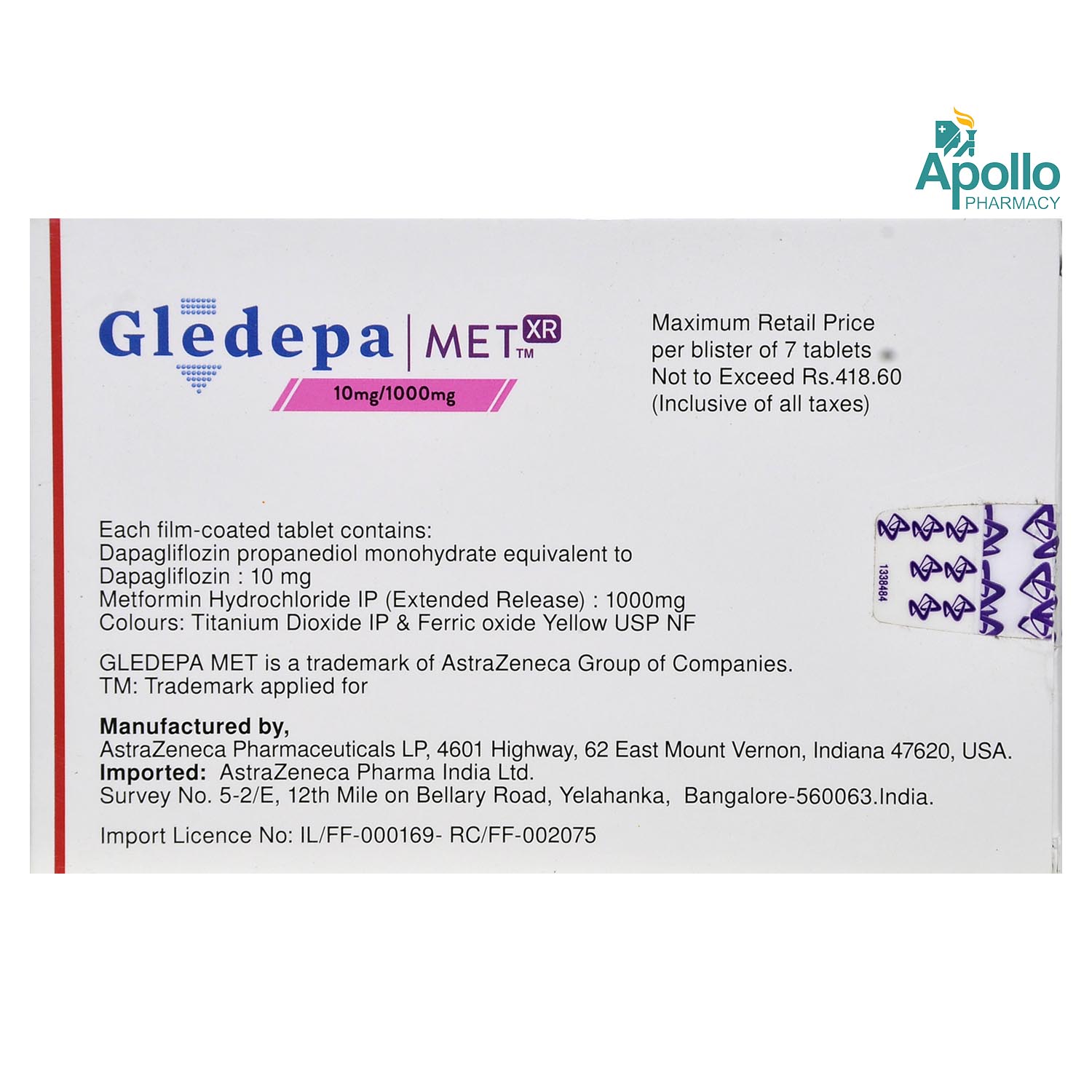 Gledepa Met XR 10 mg/1000 mg Tablet 7's, Pack of 7 TabletS Gledepa Met XR 10 mg/1000 mg Tablet 7's, Pack of 7 TabletS