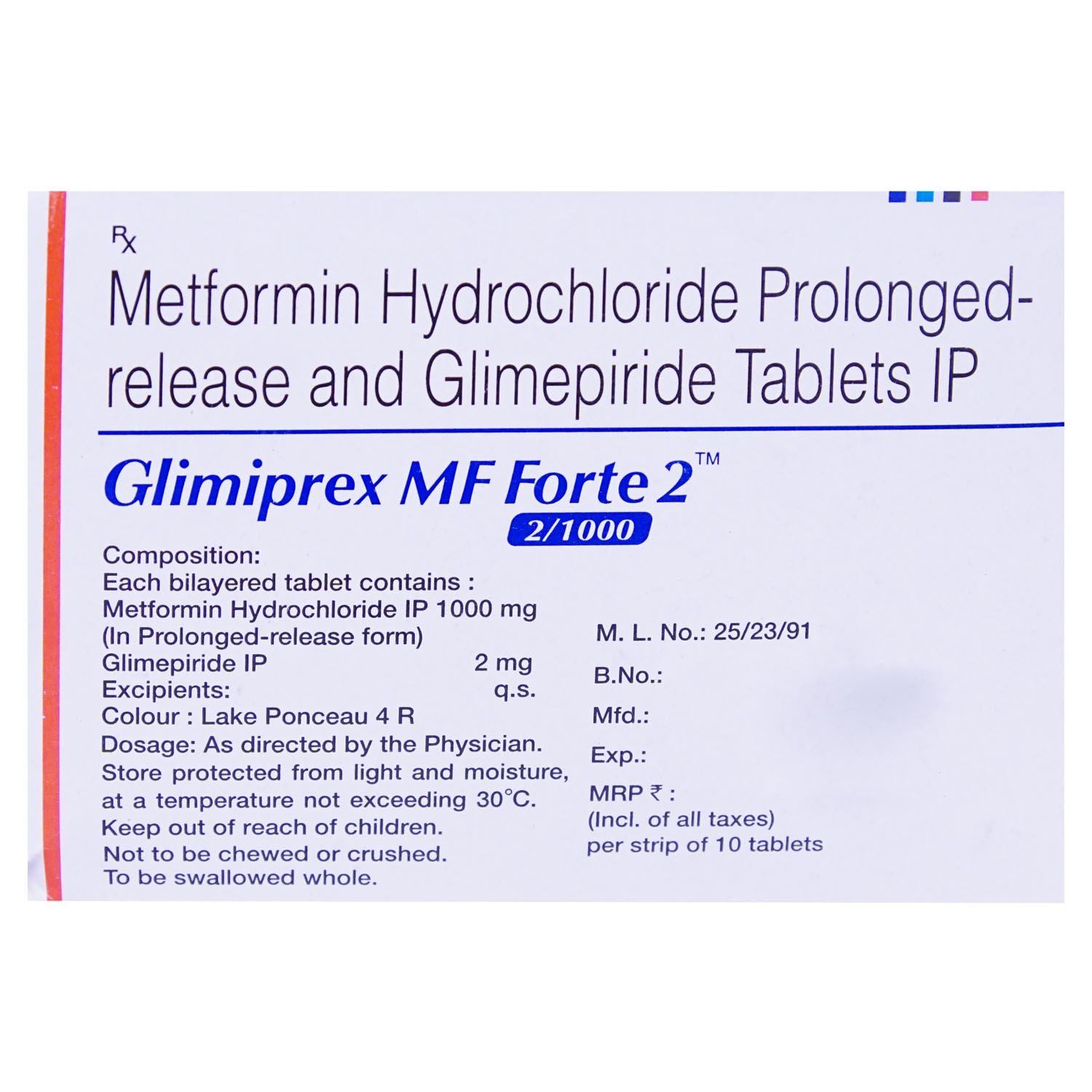 Glimiprex MF 2 mg/1000 mg Tablet 10's, Pack of 10 TabletS Glimiprex MF 2 mg/1000 mg Tablet 10's, Pack of 10 TabletS