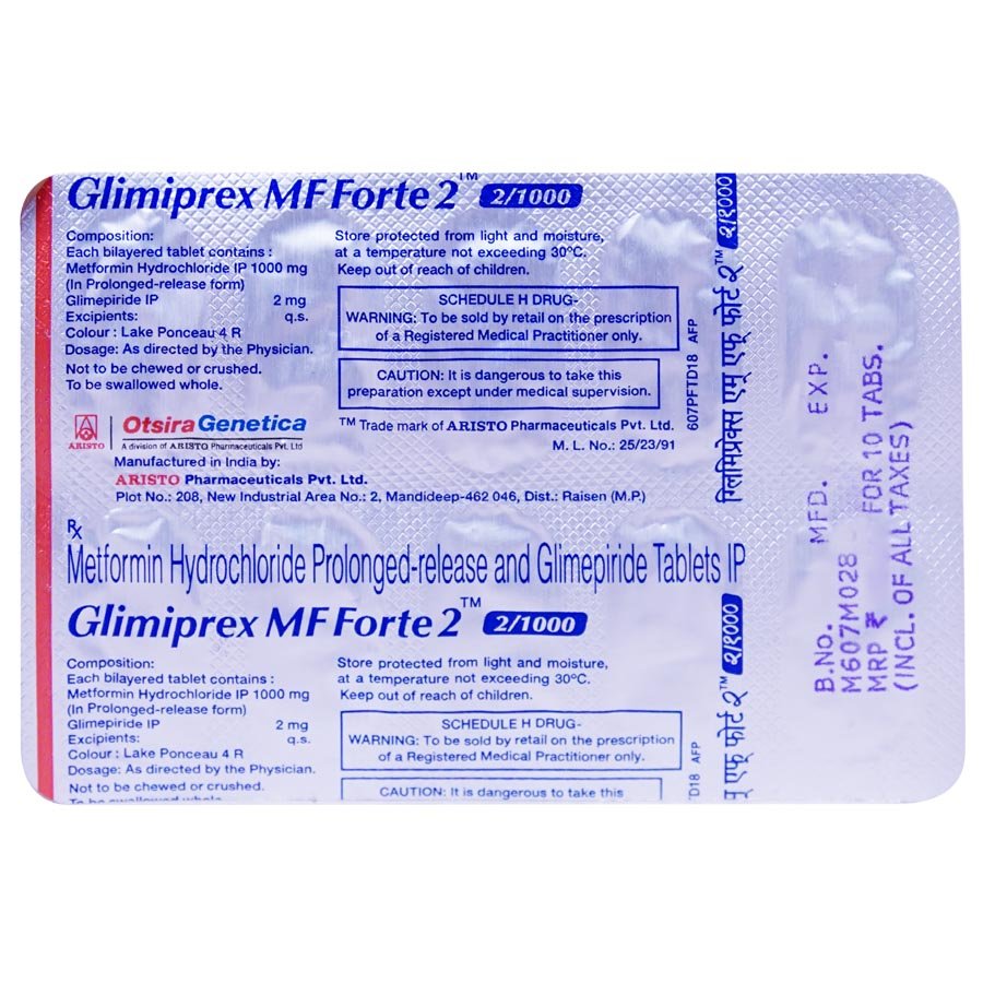 Glimiprex MF 2 mg/1000 mg Tablet 10's, Pack of 10 TabletS Glimiprex MF 2 mg/1000 mg Tablet 10's, Pack of 10 TabletS