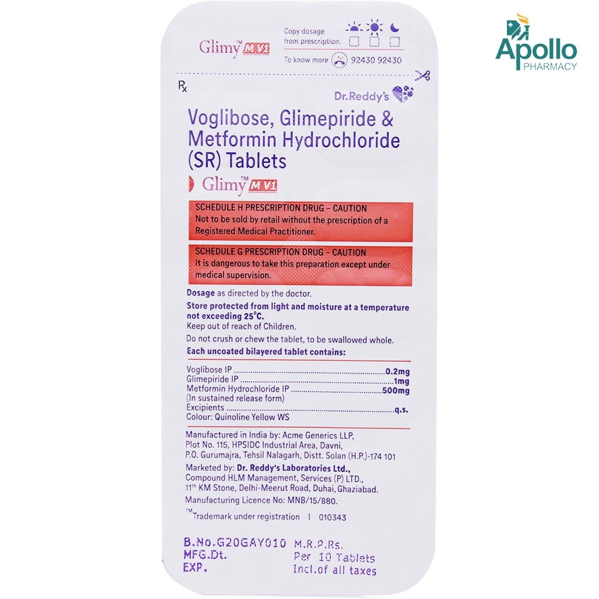 Glimy M V1 Tablet 10's, Pack of 10 Glimy M V1 Tablet 10's, Pack of 10