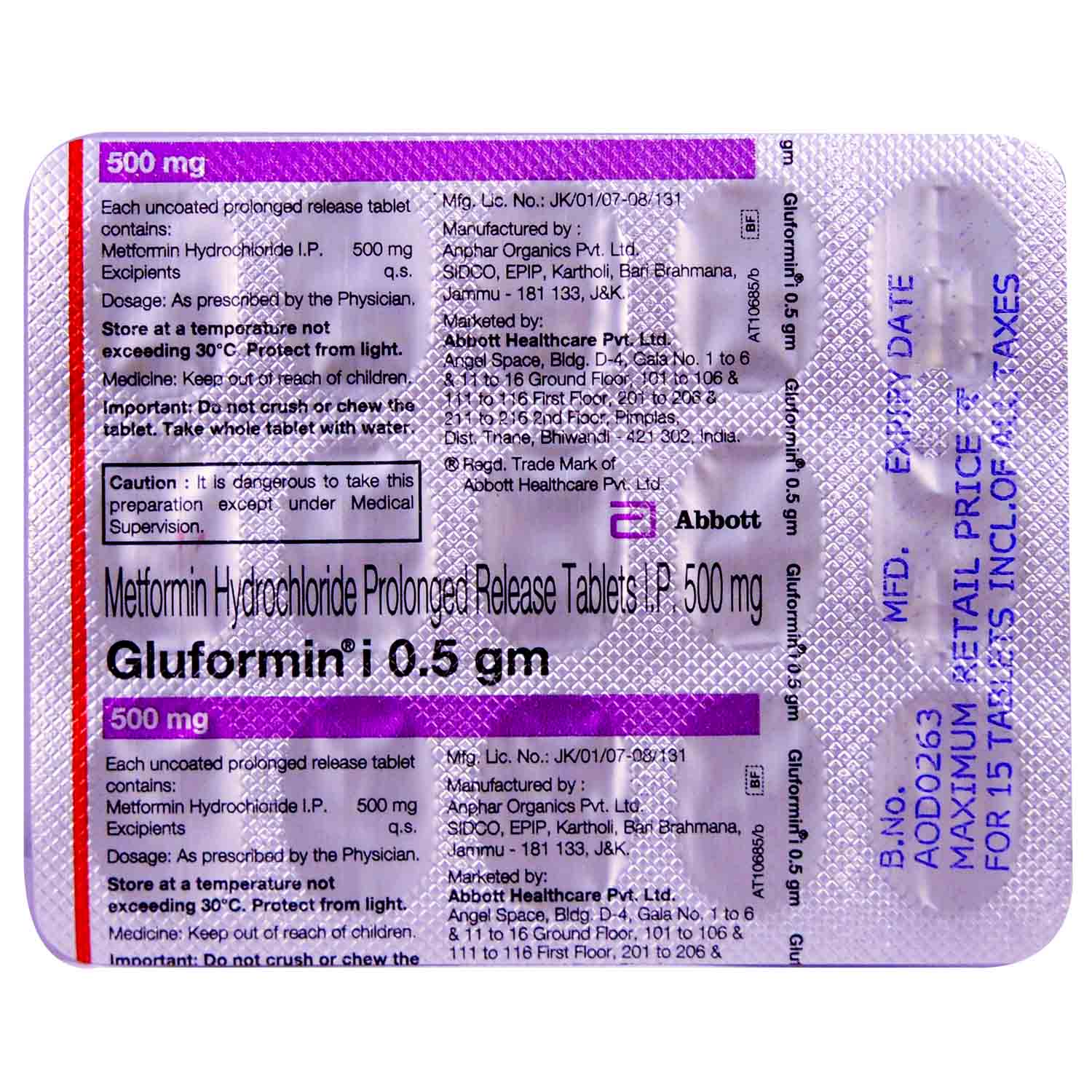 GLUFORMIN I 0.5 TABLET 15'S , Pack of 15 TABLET PRS GLUFORMIN I 0.5 TABLET 15'S , Pack of 15 TABLET PRS