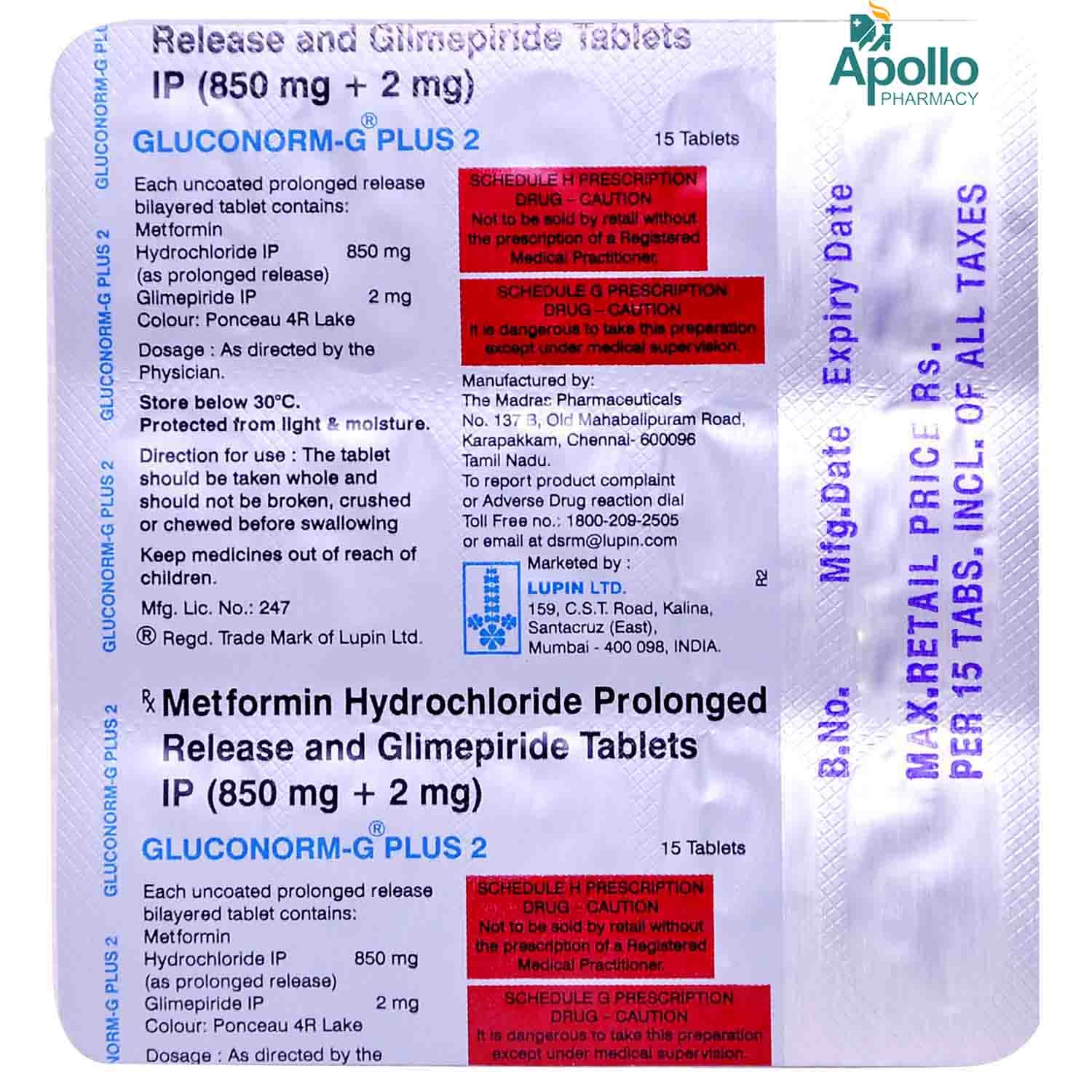 Gluconorm-G Plus 2 Tablet 15's, Pack of 15 TABLETS Gluconorm-G Plus 2 Tablet 15's, Pack of 15 TABLETS