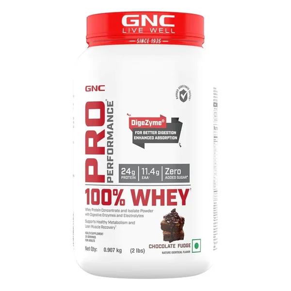 GNC Pro Performance 100% Whey Protein Chocolate Fudge Flavour Powder, 0.907 kg, Pack of 1