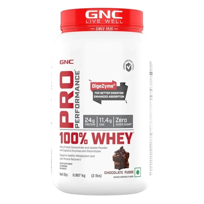 GNC PRO परफॉरमेंस 100% व्हे चॉकलेट फ़ज फ्लेवर पाउडर, 0.907 किग्रा, 1 का पैक