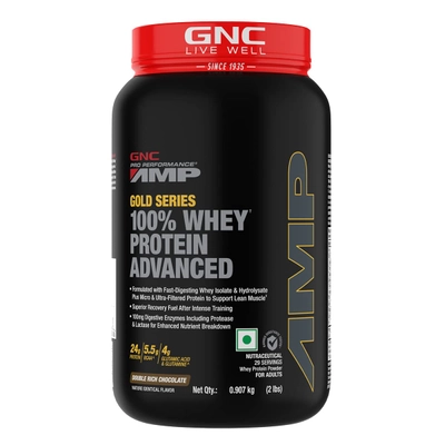 GNC AMP गोल्ड 100% व्हे प्रोटीन एडवांस्ड डबल रिच चॉकलेट फ्लेवर पाउडर, 0.907 किग्रा, 1 का पैक