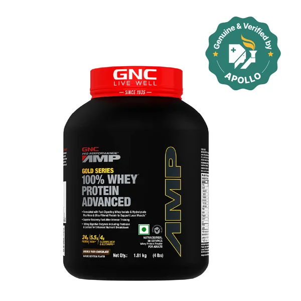 GNC AMP Gold Series 100% Whey Protein Advanced Double Rich Chocolate Flavour, 1.81 kg, Pack of 1