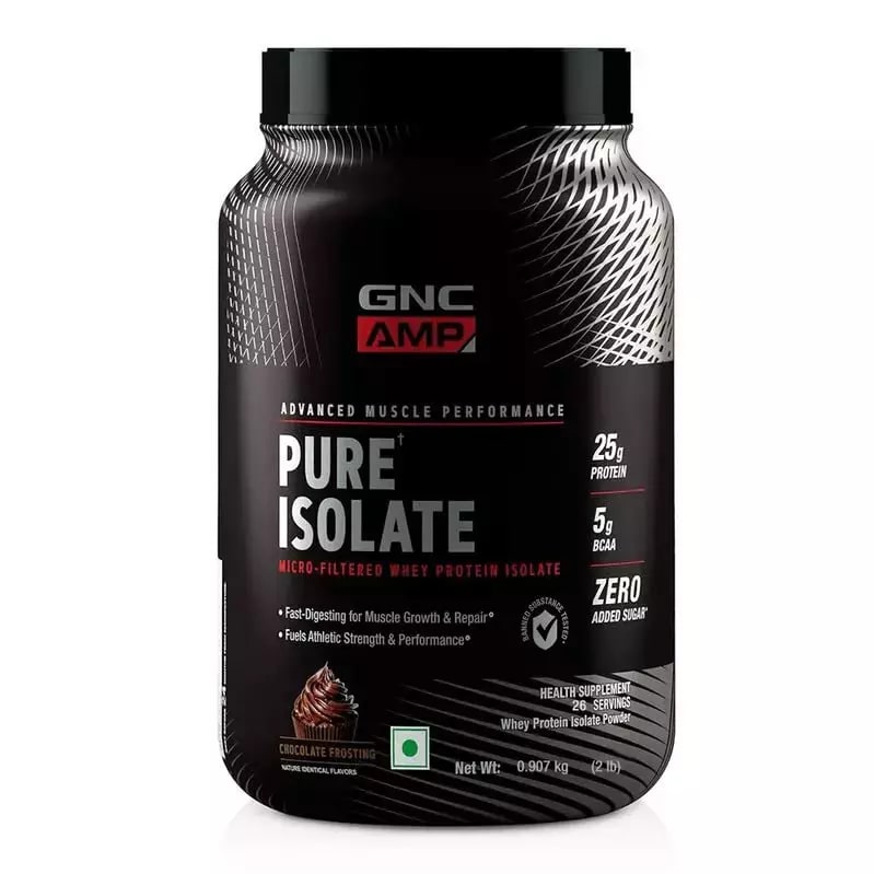 GNC AMP Pure Isolate Whey Protein Chocolate Frosting Flavour Powder, 0.907 kg, Pack of 1 GNC AMP Pure Isolate Whey Protein Chocolate Frosting Flavour Powder, 0.907 kg, Pack of 1