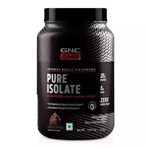 GNC AMP Pure Isolate Whey Protein Chocolate Frosting Flavour Powder, 0.907 kg, Pack of 1
