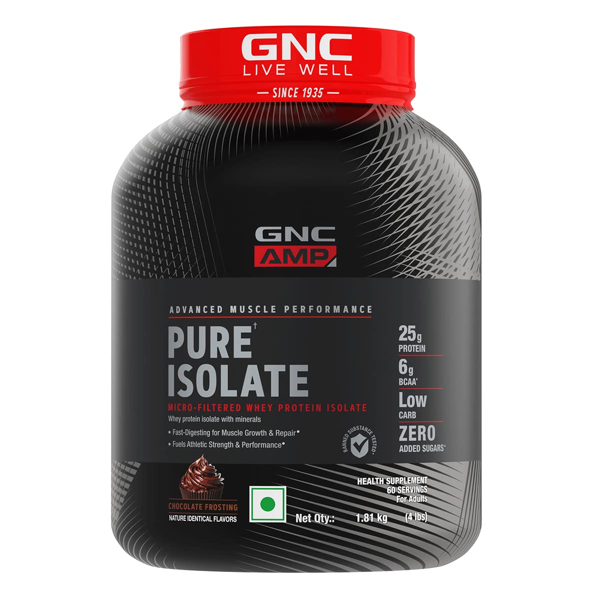 GNC AMP Pure Isolate Whey Protein Chocolate Frosting Flavour Powder, 1.81 kg, Pack of 1 GNC AMP Pure Isolate Whey Protein Chocolate Frosting Flavour Powder, 1.81 kg, Pack of 1