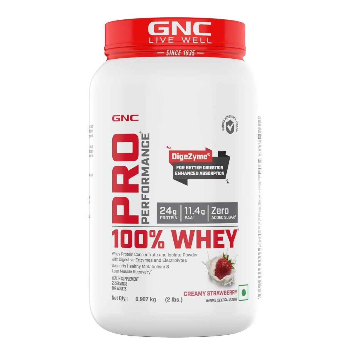 GNC Pro Performance 100% Whey Protein Creamy Strawberry Flavour Powder, 0.907 kg, Pack of 1 GNC Pro Performance 100% Whey Protein Creamy Strawberry Flavour Powder, 0.907 kg, Pack of 1