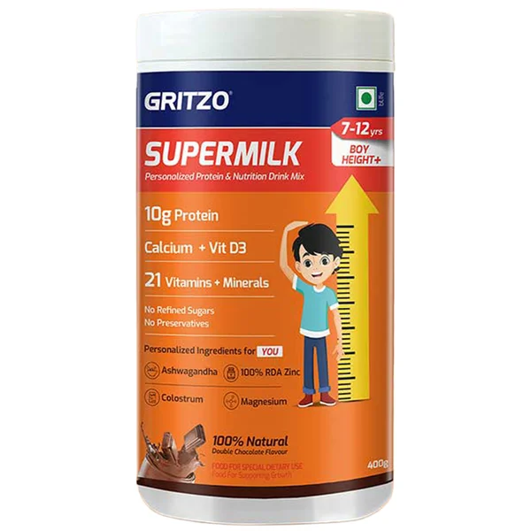 Gritzo Supermilk Height+ Double Chocolate Flavour Powder for Boys 7-12 Years, 400 gm