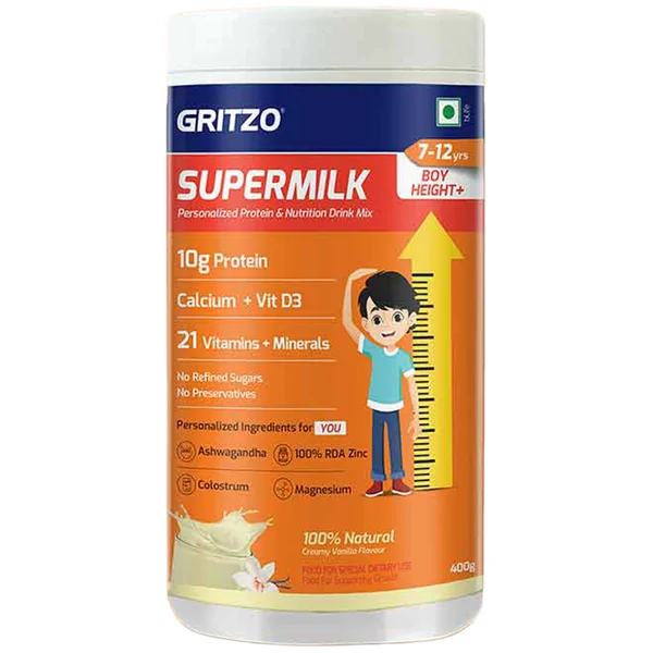 Gritzo Supermilk Height+ Creamy Vanilla Flavour Powder for Boys 7-12 Years, 400 gm