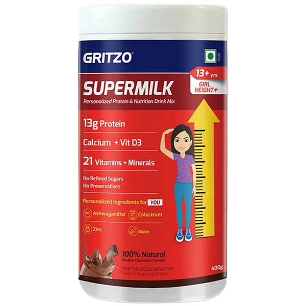Gritzo Supermilk Height+ Double Chocolate Flavour Powder For Girls 13+ Years, 400 gm