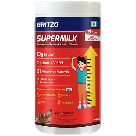 Gritzo Supermilk Height+ Double Chocolate Flavour Powder for Boys 13+ Years, 400 gm