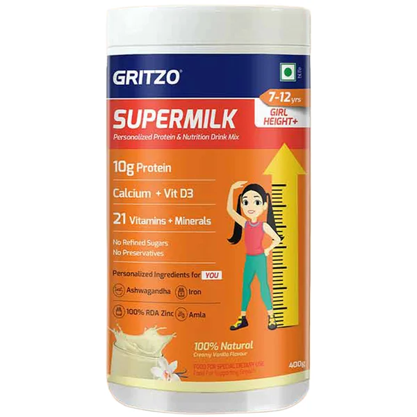 Gritzo Supermilk Height+ Creamy Vanilla Powder for Girls 7-12 Years, 400 gm