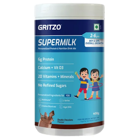 Gritzo Supermilk Growth Double Chocolate Flavour Powder for Kids 2-6 Years, 400 gm