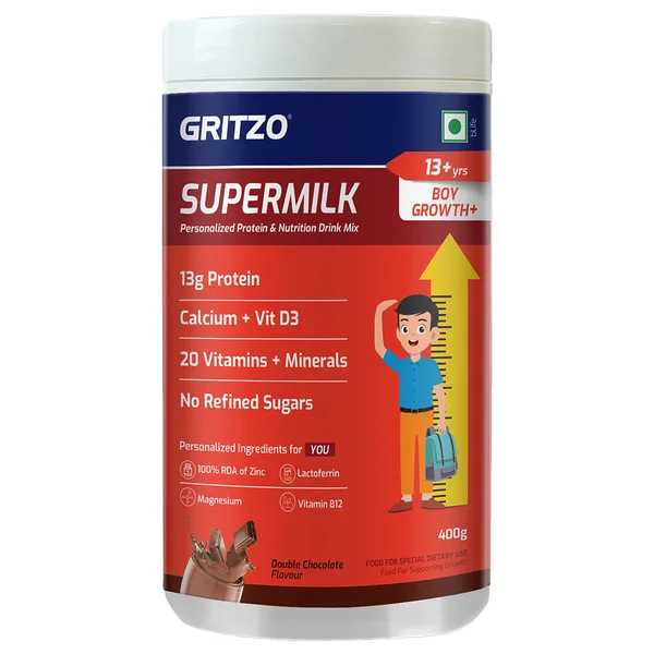 Gritzo Supermilk Growth+ Boy 13+Years Double Chocolate Flavour Powder, 400 gm