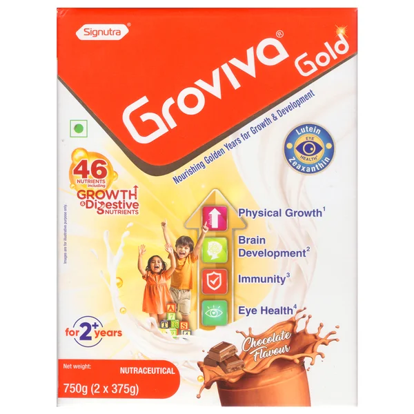 Groviva Gold Chocolate Flavour Powder 2+ Years, 750 Gm (2X375 Gm) Refill Pack
