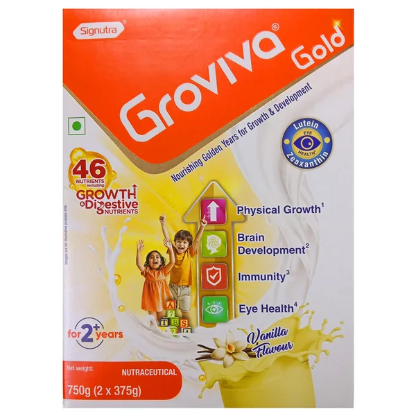 Groviva Gold Vanilla Flavour Powder 2+ Years, 750 gm (2X375G) Refill Pack