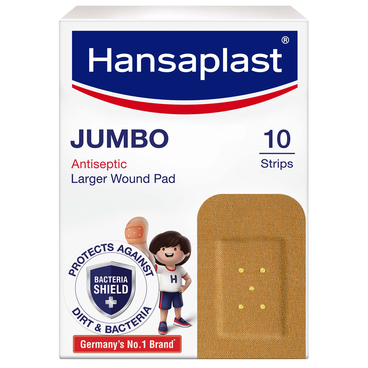 Hansaplast Jumbo Larger Wound Pad Strips 72mm x 40mm, 10 Count, Pack of 10 Hansaplast Jumbo Larger Wound Pad Strips 72mm x 40mm, 10 Count, Pack of 10