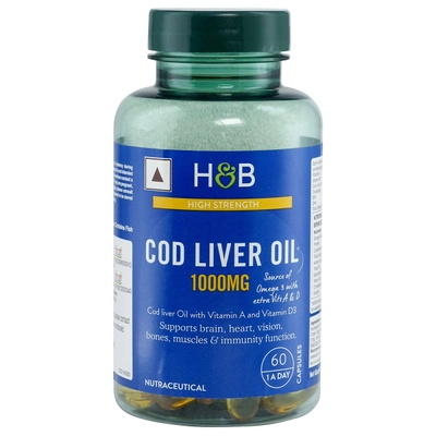 Holland &amp; Barrett High Strength Cod Liver Oil 1000mg, 60 Capsules, Pack of 1