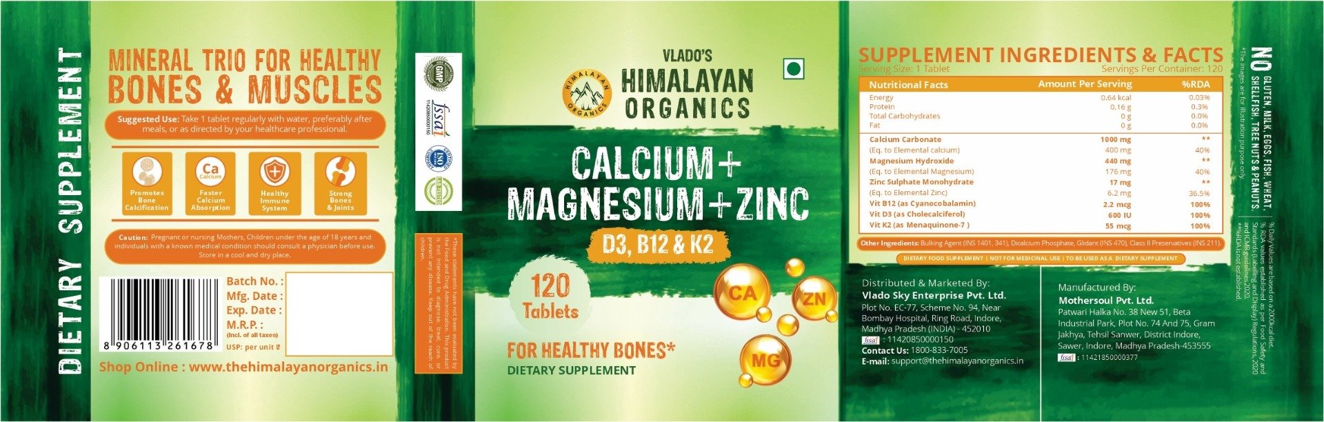 Vlado's Himalayan Organics Calcium+Magnesium+Zinc, 120 Tablets, Pack of 1 Vlado's Himalayan Organics Calcium+Magnesium+Zinc, 120 Tablets, Pack of 1