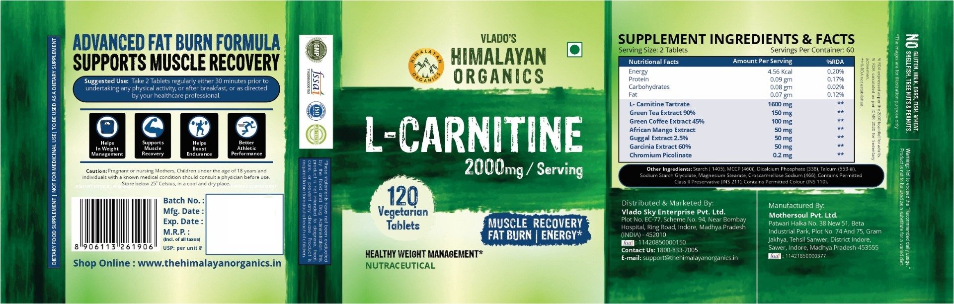 Vlado's Himalayan Organics L-Carnitine 2000 mg, 120 Tablets, Pack of 1 Vlado's Himalayan Organics L-Carnitine 2000 mg, 120 Tablets, Pack of 1
