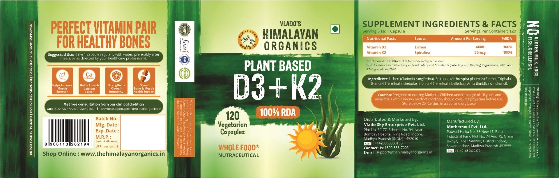 Vlado's Himalayan Organics Plant Based D3+K2, 120 Capsules, Pack of 1 Vlado's Himalayan Organics Plant Based D3+K2, 120 Capsules, Pack of 1