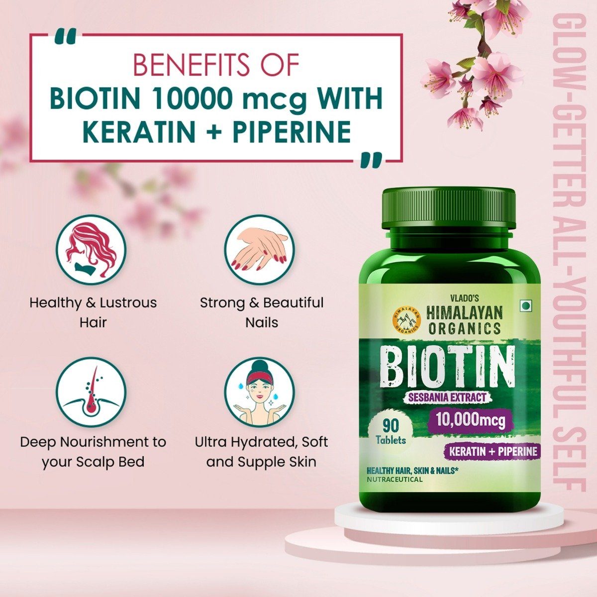 Vlado's Himalayan Organics Biotin 10,000mcg with Keratin+Piperine, 90 Tablets, Pack of 1 Vlado's Himalayan Organics Biotin 10,000mcg with Keratin+Piperine, 90 Tablets, Pack of 1