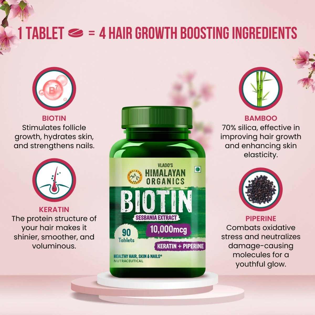 Vlado's Himalayan Organics Biotin 10,000mcg with Keratin+Piperine, 90 Tablets, Pack of 1 Vlado's Himalayan Organics Biotin 10,000mcg with Keratin+Piperine, 90 Tablets, Pack of 1