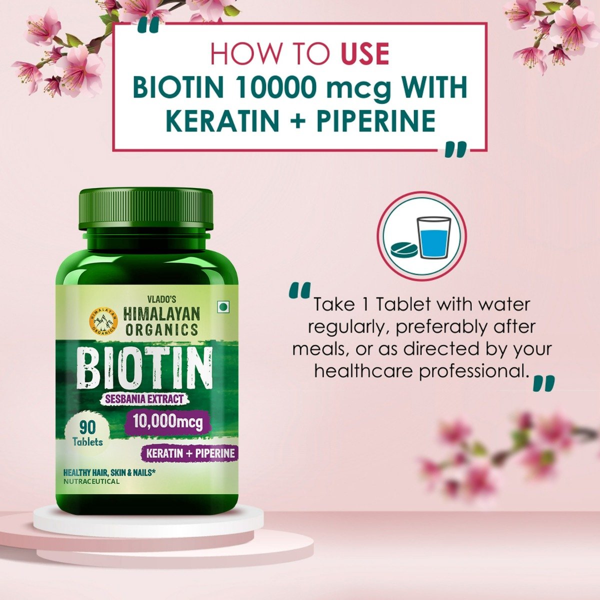 Vlado's Himalayan Organics Biotin 10,000mcg with Keratin+Piperine, 90 Tablets, Pack of 1 Vlado's Himalayan Organics Biotin 10,000mcg with Keratin+Piperine, 90 Tablets, Pack of 1