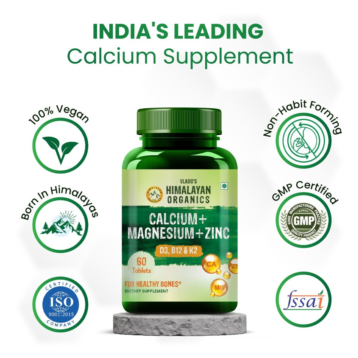 Vlado's Himalayan Organics Calcium+Magnesium+Zinc+Vitamin D3, B12&K2, 60 Tablets, Pack of 1 Vlado's Himalayan Organics Calcium+Magnesium+Zinc+Vitamin D3, B12&K2, 60 Tablets, Pack of 1