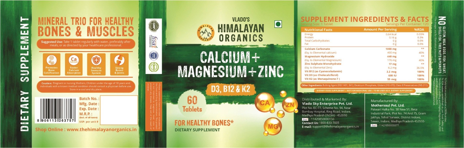 Vlado's Himalayan Organics Calcium+Magnesium+Zinc+Vitamin D3, B12&K2, 60 Tablets, Pack of 1 Vlado's Himalayan Organics Calcium+Magnesium+Zinc+Vitamin D3, B12&K2, 60 Tablets, Pack of 1