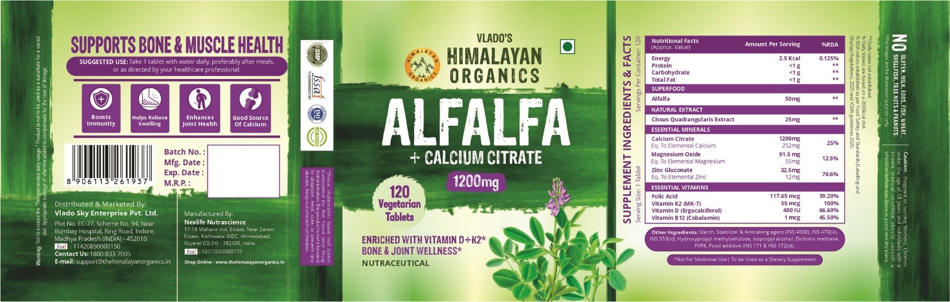 Vlado's Himalayan Organics Alfalfa Calcium Citrate Malate 1200mg, 120 Tablets, Pack of 1 Vlado's Himalayan Organics Alfalfa Calcium Citrate Malate 1200mg, 120 Tablets, Pack of 1