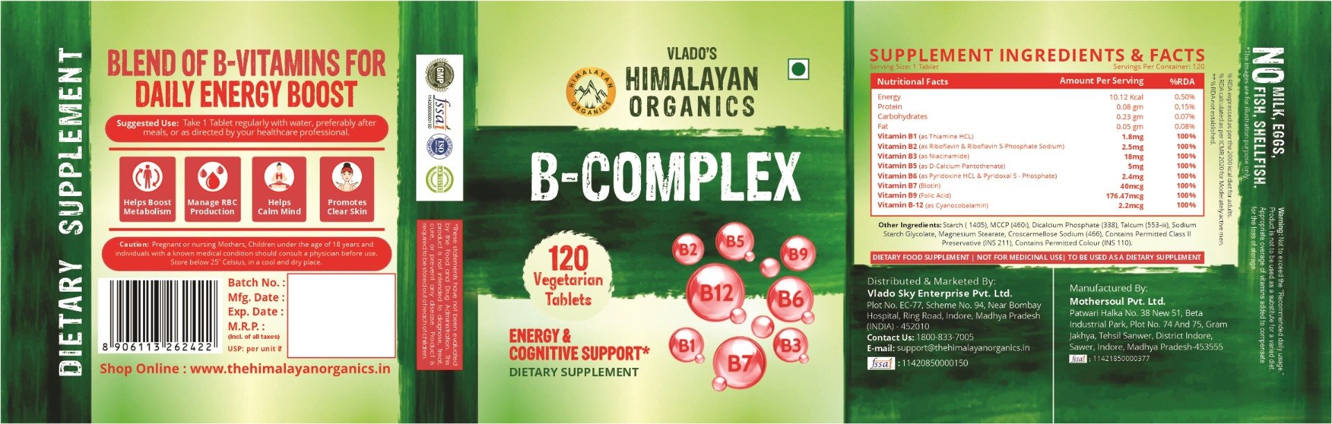 Vlado's Himalayan Organics Vitamin B Complex for Energy & Cognitive Health, 120 Tablets, Pack of 1 Vlado's Himalayan Organics Vitamin B Complex for Energy & Cognitive Health, 120 Tablets, Pack of 1